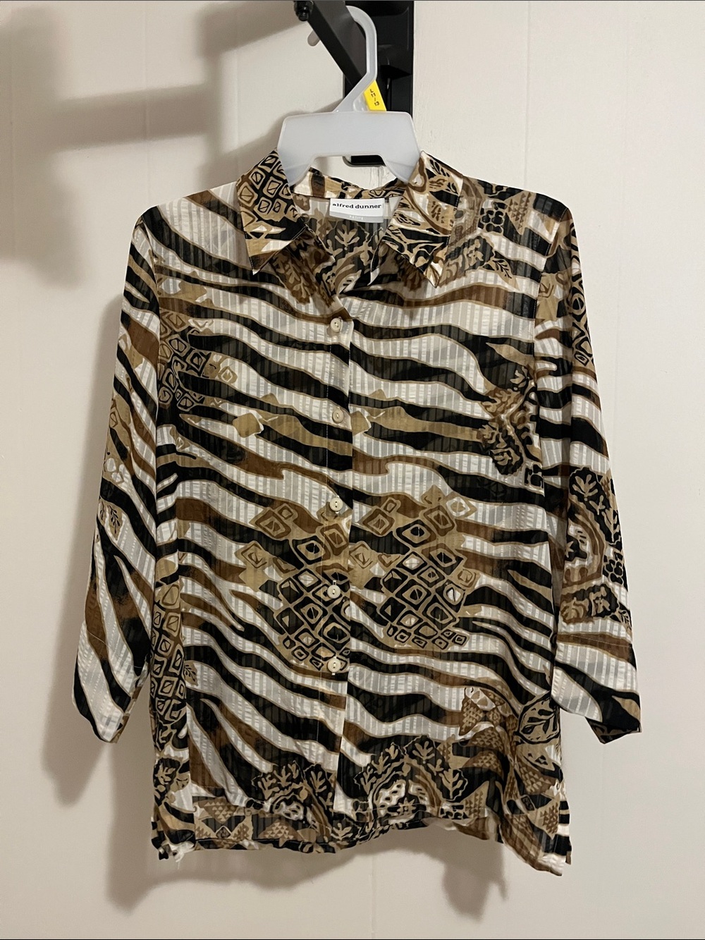Alfred Dunner Black, Brown and Cream Mixed-Print Button Down Shirt
